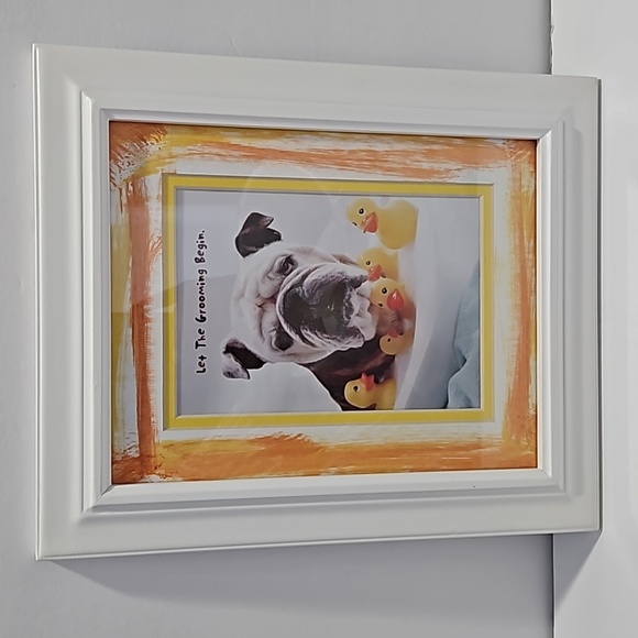 Let the Grooming Begin Framed Bulldog w/ Rubber Duck Picture White Orange Yellow - Picture 1 of 11
